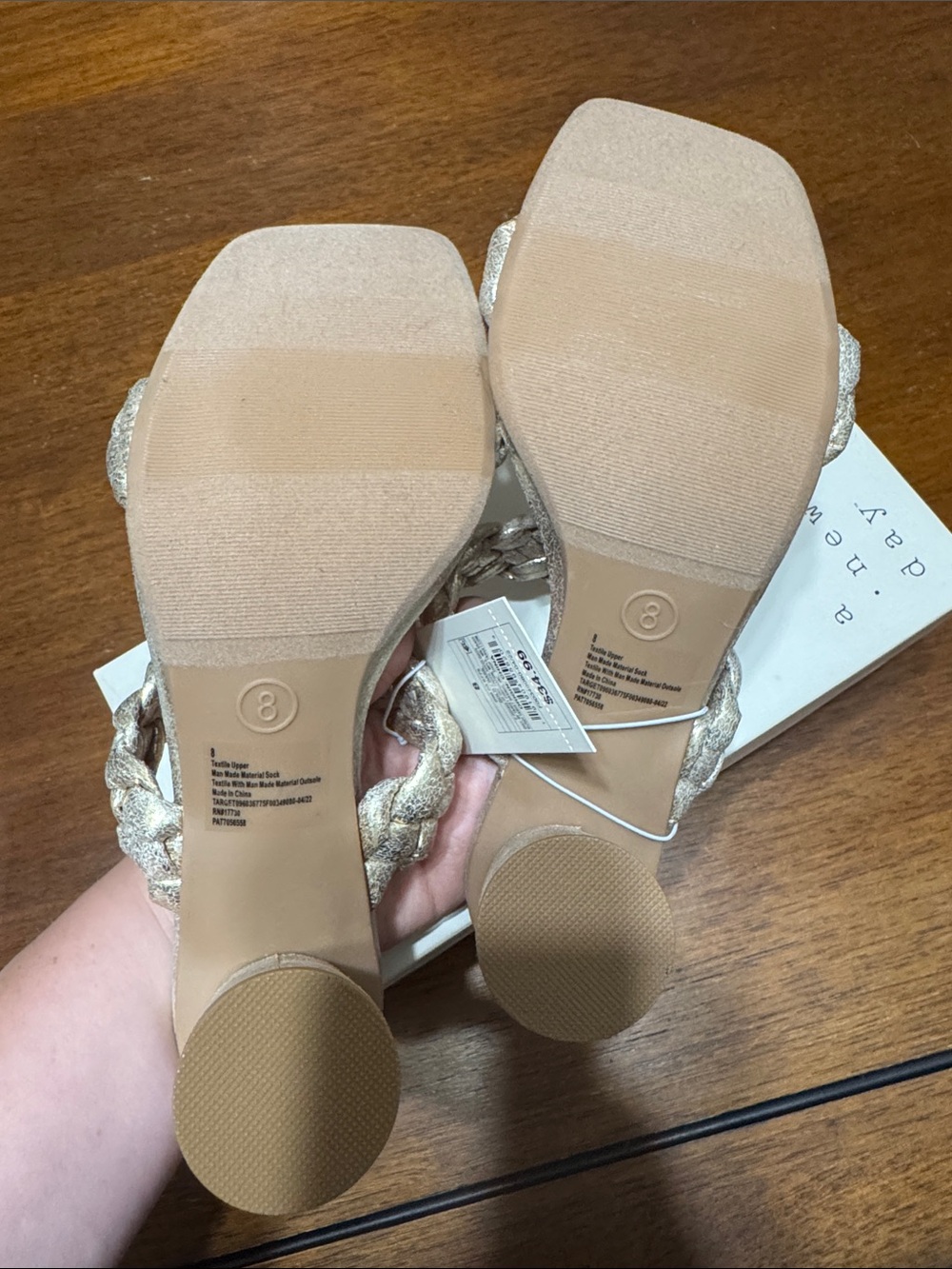 NWT & Box A new day Metallic Gold Braided Double-Strap Heeled Sandals - Picture 2 of 6